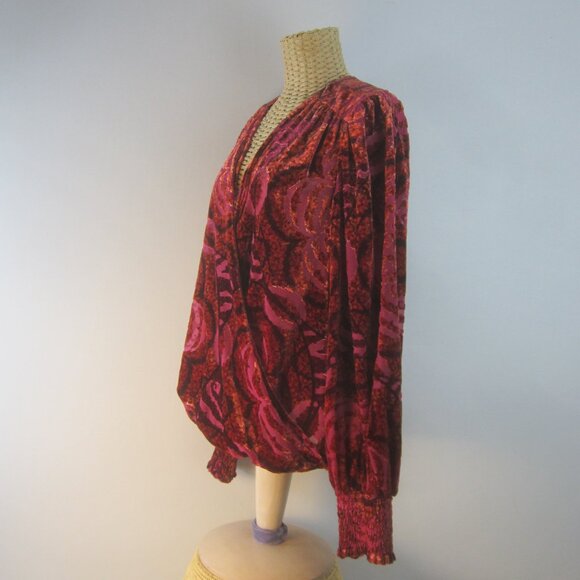 Anthropologie Women Large Red Pink Velvet Faux Wrap Full Sleeve Gathered Shirt - Picture 3 of 13